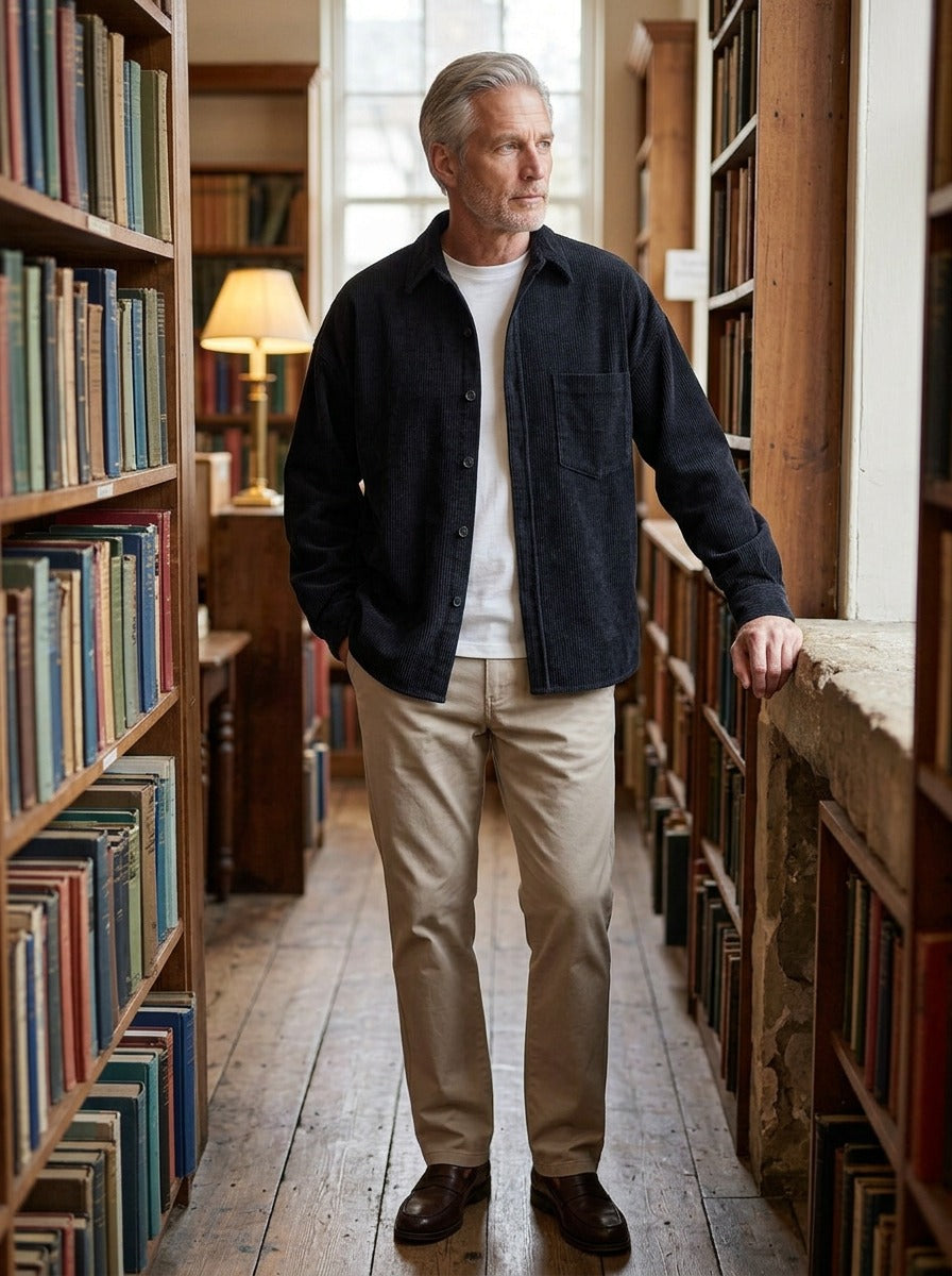 Fairchild relaxed corduroy overshirt in Black, lifestyle in a secondhand bookshop, Gentlemens Manor