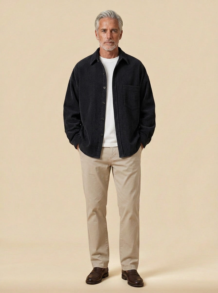 Fairchild relaxed corduroy overshirt in Black, studio, Gentlemens Manor