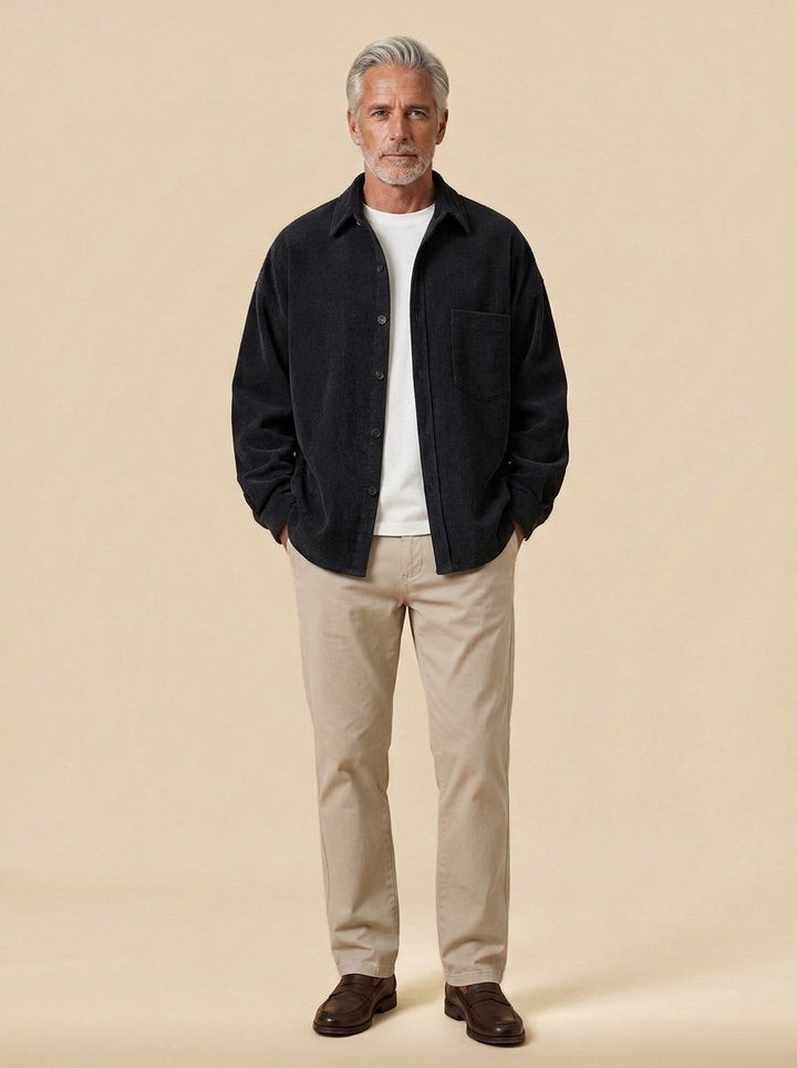 Fairchild relaxed corduroy overshirt in Black, studio, Gentlemens Manor
