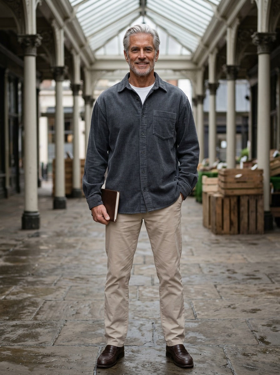 Fairchild relaxed corduroy overshirt in Charcoal, lifestyle in a covered market hall, Gentlemens Manor