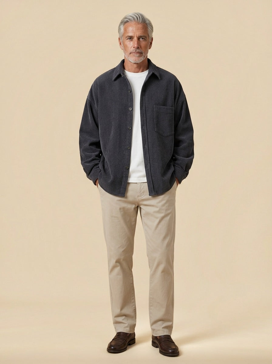 Fairchild relaxed corduroy overshirt in Charcoal, studio, Gentlemens Manor