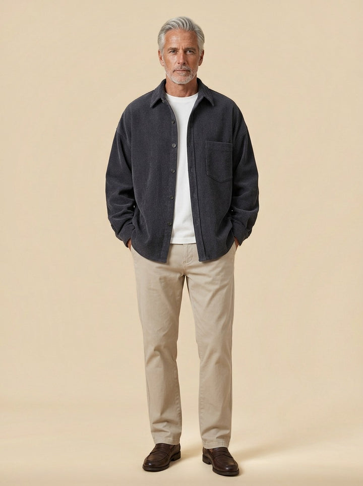 Fairchild relaxed corduroy overshirt in Charcoal, studio, Gentlemens Manor