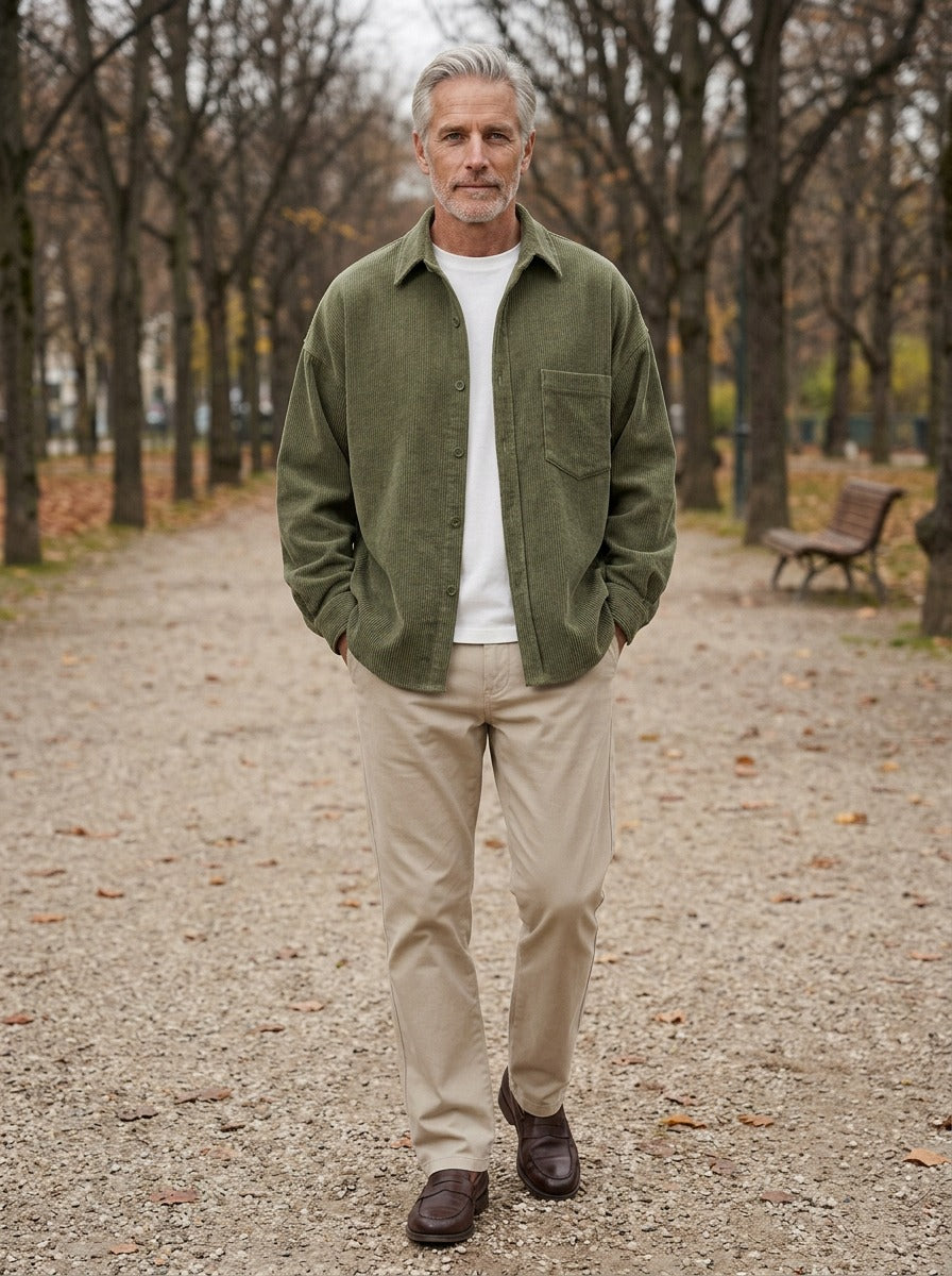 Fairchild relaxed corduroy overshirt in Olive, lifestyle on a park path, Gentlemens Manor
