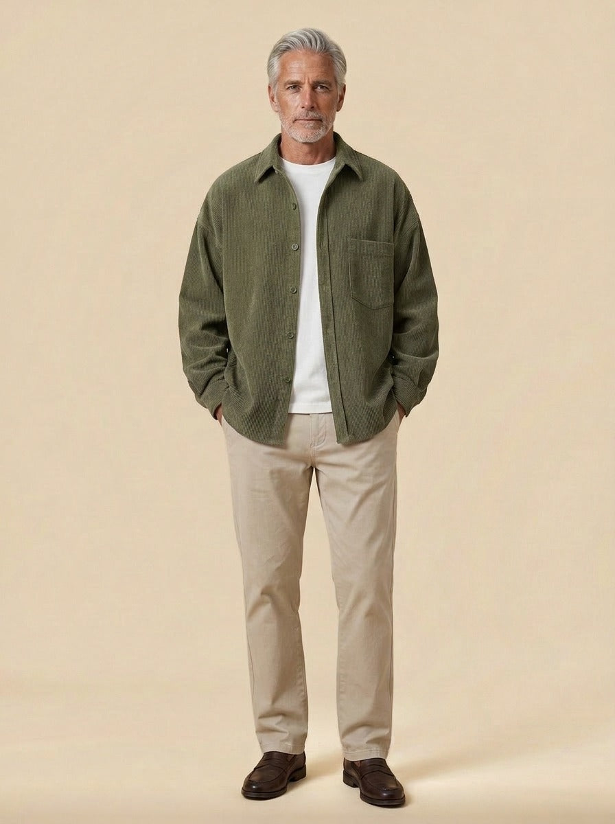 Fairchild relaxed corduroy overshirt in Olive, studio, Gentlemens Manor