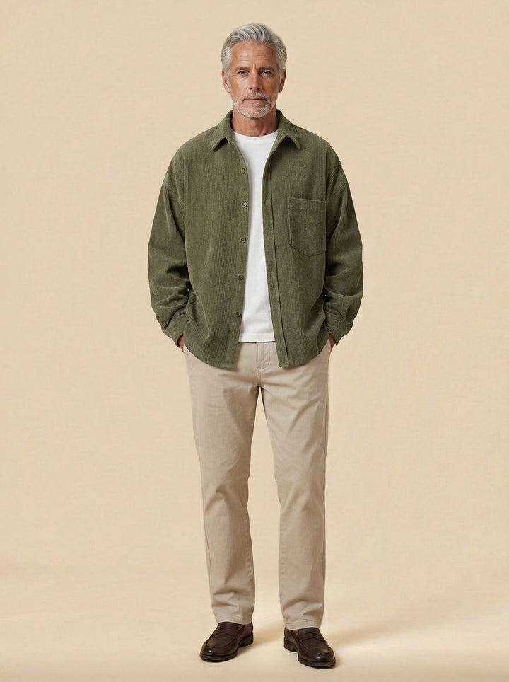 Fairchild relaxed corduroy overshirt in Olive, studio, Gentlemens Manor
