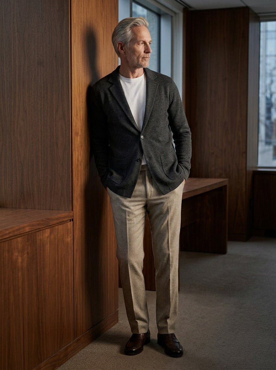 Fairfax knit blazer in Charcoal, lifestyle in a timber paneled office, Gentlemens Manor