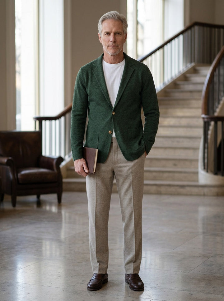 Fairfax knit blazer in Green, lifestyle in a hotel lobby, Gentlemens Manor