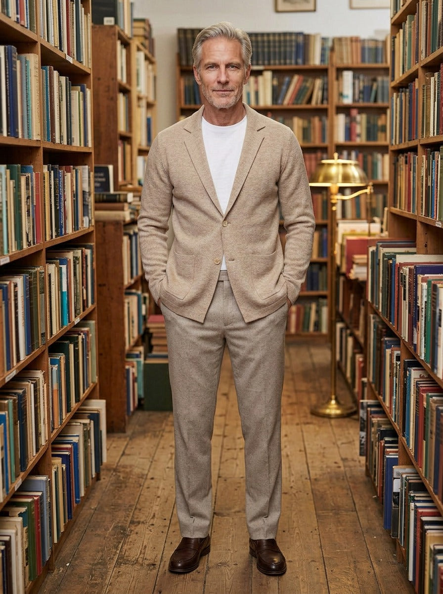 Fairfax knit blazer in Sand, lifestyle in a secondhand bookshop, Gentlemens Manor