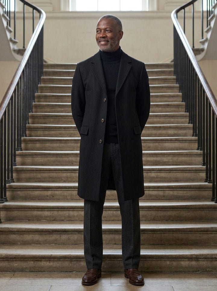 Farnham overcoat in Black, lifestyle on a civic stone staircase, Gentlemens Manor