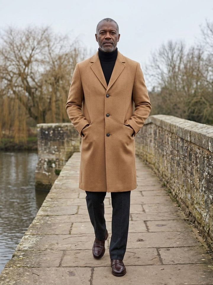 Farnham overcoat in Camel, lifestyle on a stone footbridge, Gentlemens Manor