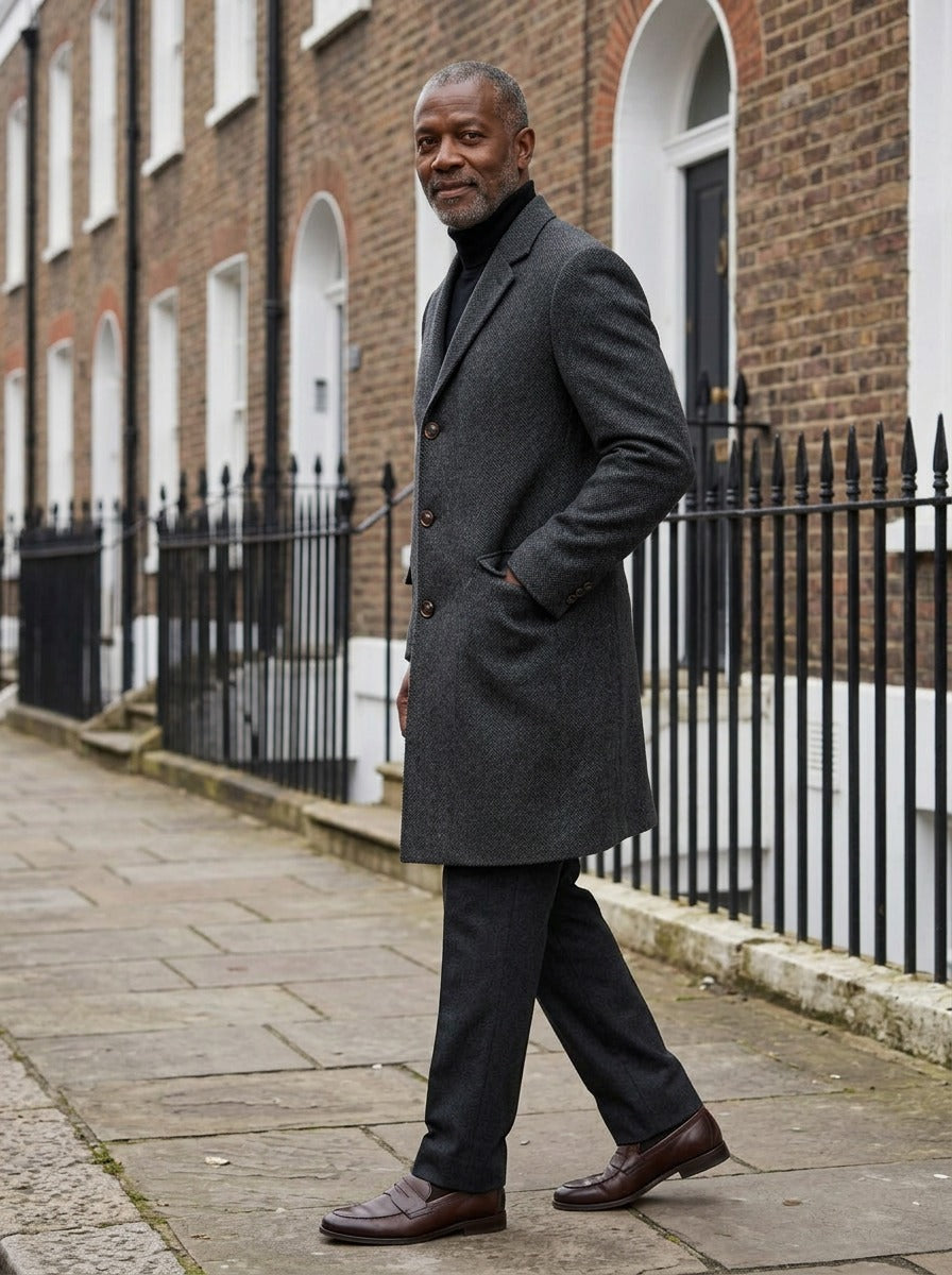 Farnham overcoat in Grey, lifestyle on a street of brick row houses, Gentlemens Manor