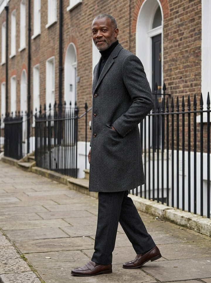 Farnham overcoat in Grey, lifestyle on a street of brick row houses, Gentlemens Manor