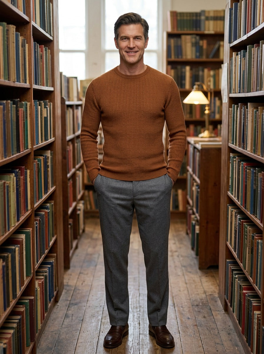 Farrow crew neck sweater in Brown, lifestyle in a secondhand bookshop, Gentlemens Manor