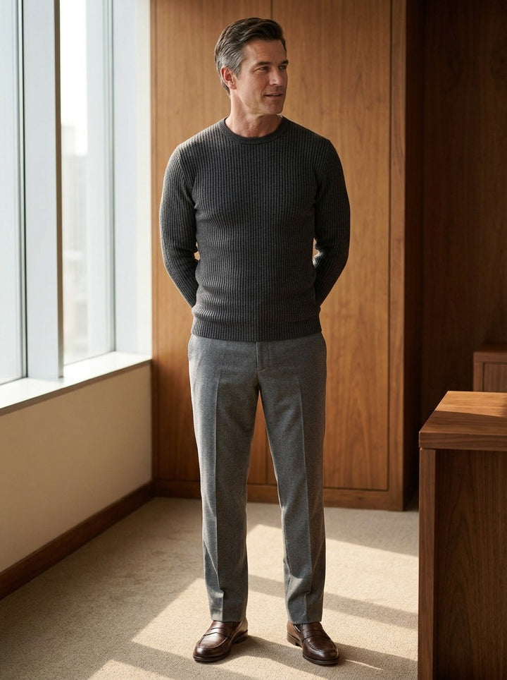 Farrow crew neck sweater in Charcoal, lifestyle in a timber paneled office, Gentlemens Manor