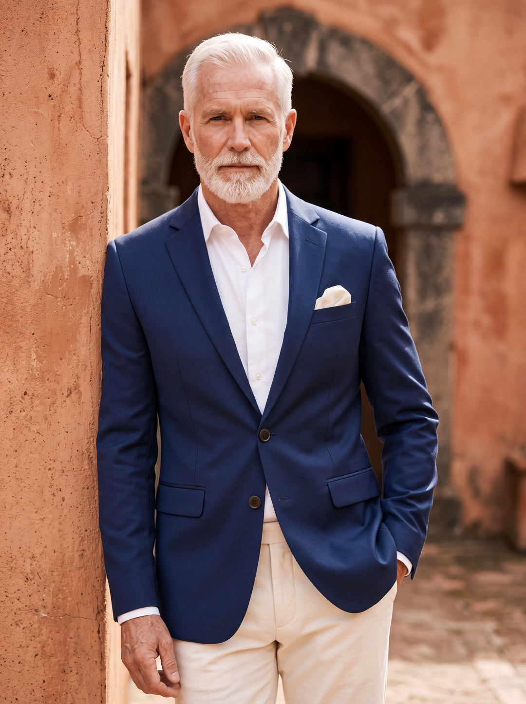 Felix blazer in Blue, worn by a model in a Mediterranean setting - Gentlemens Manor lifestyle