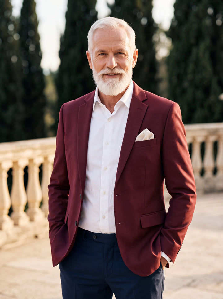 Felix blazer in Red, worn by a model in a Mediterranean setting - Gentlemens Manor lifestyle