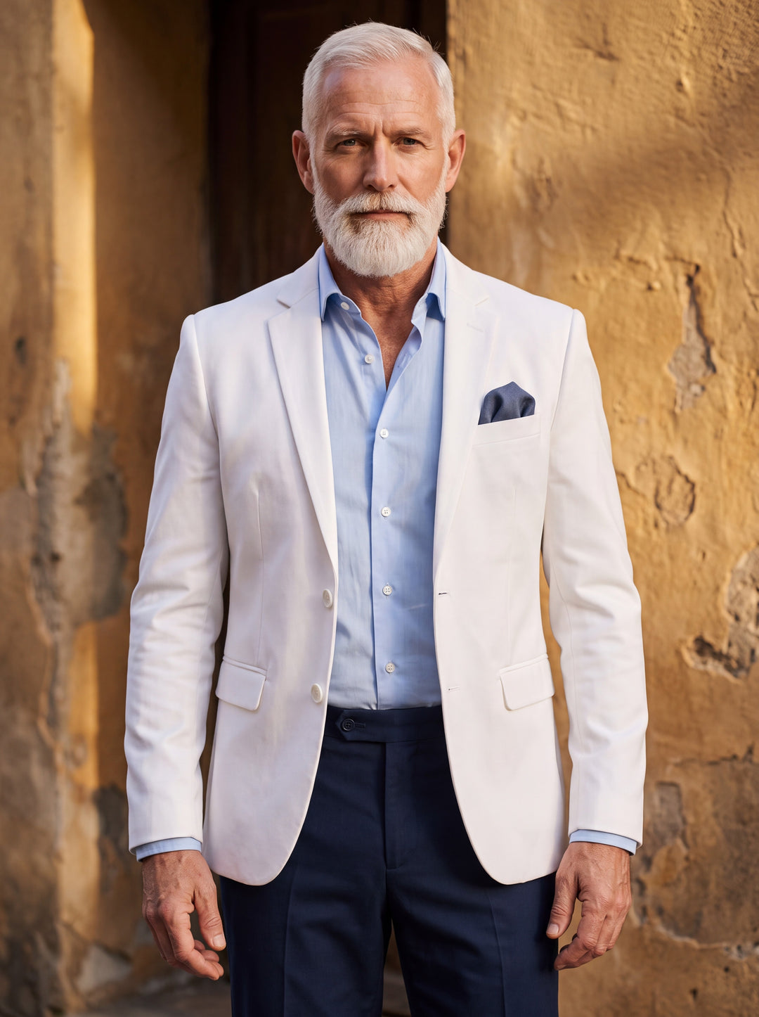 Felix blazer in White, worn by a model in a Mediterranean setting - Gentlemens Manor lifestyle