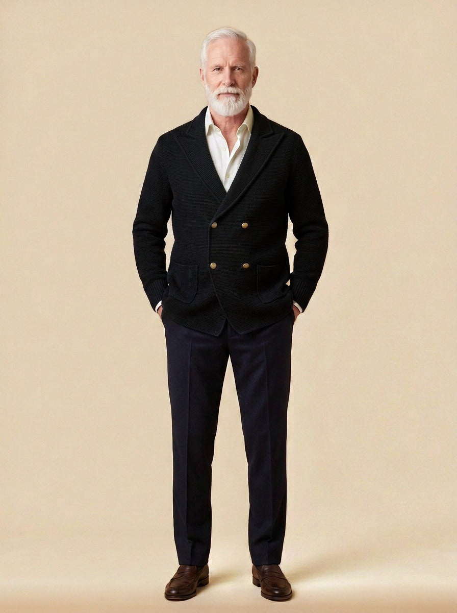 Fenton double breasted knit cardigan in Black, studio, Gentlemens Manor
