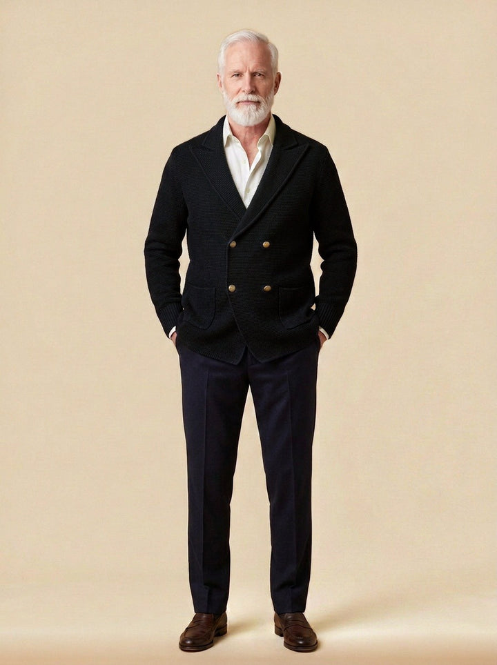 Fenton double breasted knit cardigan in Black, studio, Gentlemens Manor