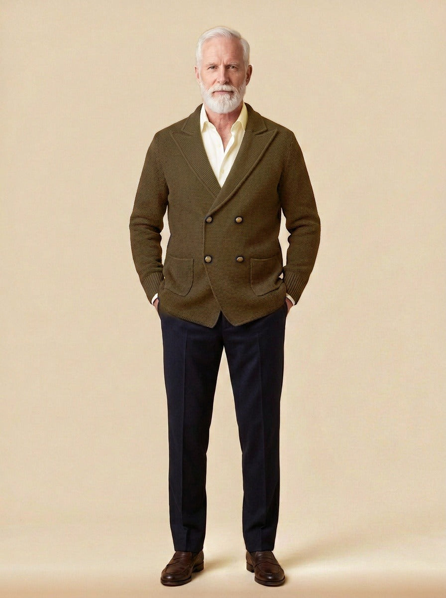 Fenton double breasted knit cardigan in Dark Brown, studio, Gentlemens Manor