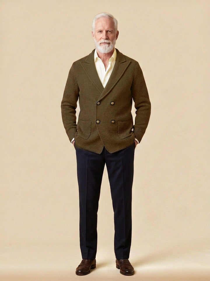 Fenton double breasted knit cardigan in Dark Brown, studio, Gentlemens Manor