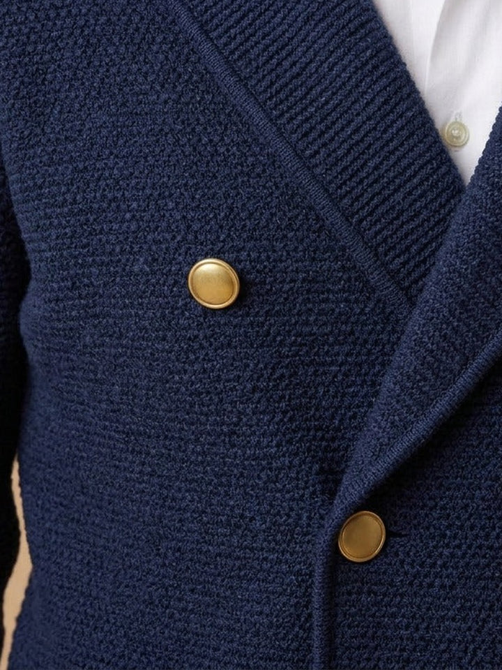 Fenton double breasted knit cardigan, fabric close up with gold tone buttons, Gentlemens Manor