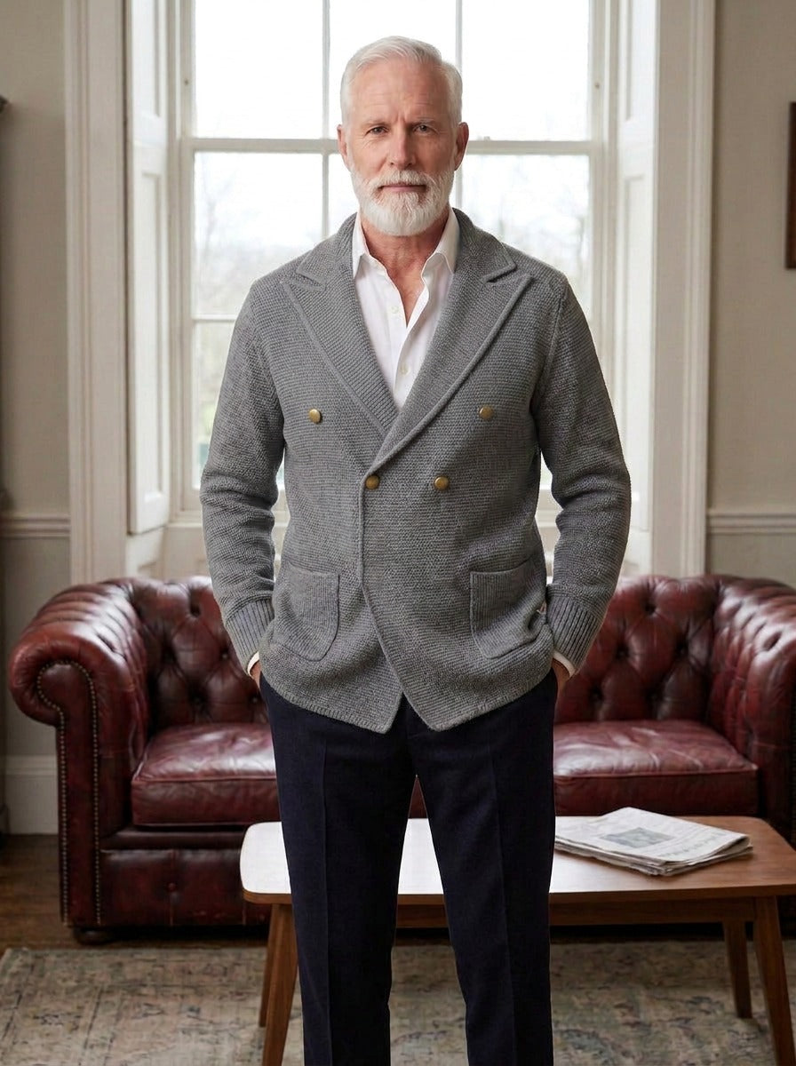 Fenton double breasted knit cardigan in Grey, lifestyle, Gentlemens Manor