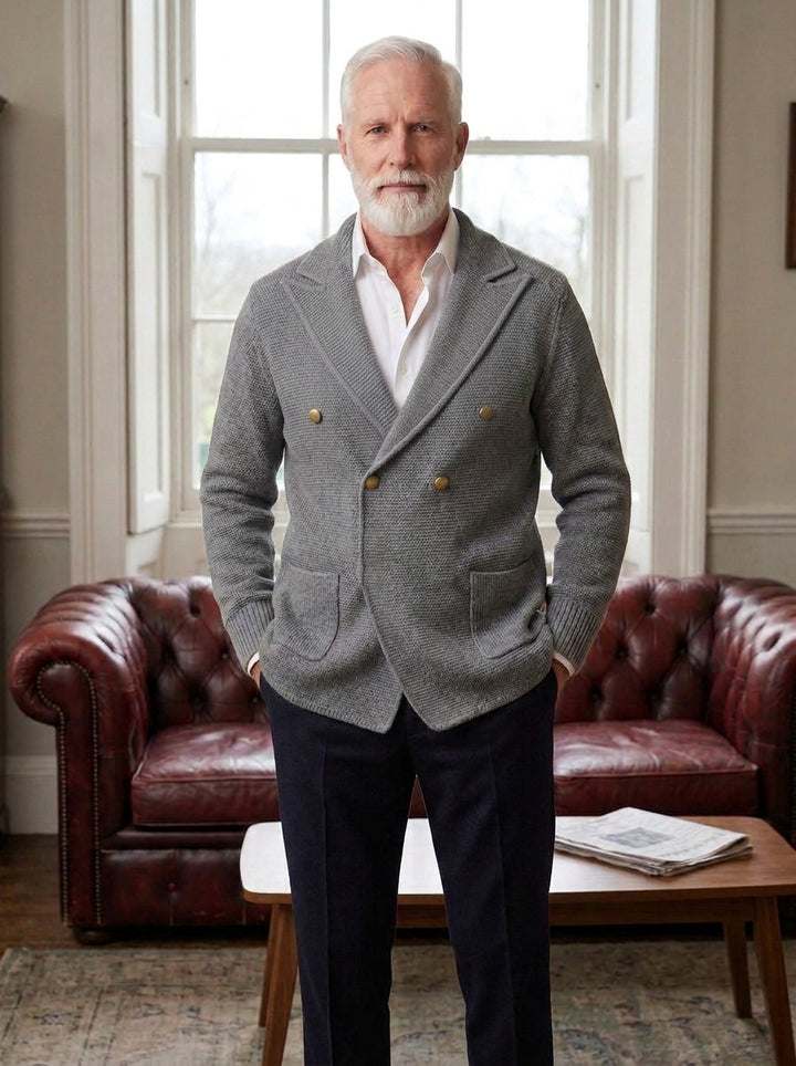 Fenton double breasted knit cardigan in Grey, lifestyle, Gentlemens Manor