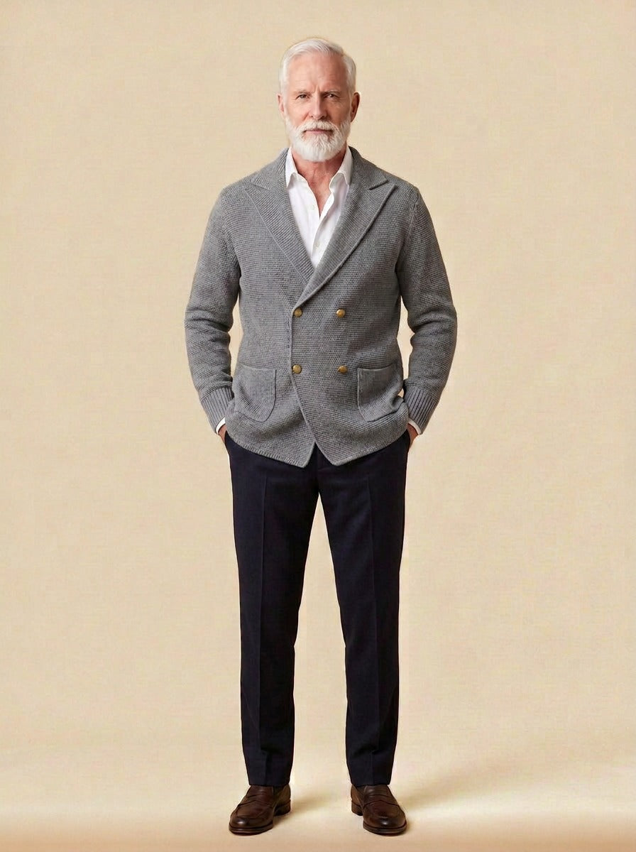 Fenton double breasted knit cardigan in Grey, studio, Gentlemens Manor