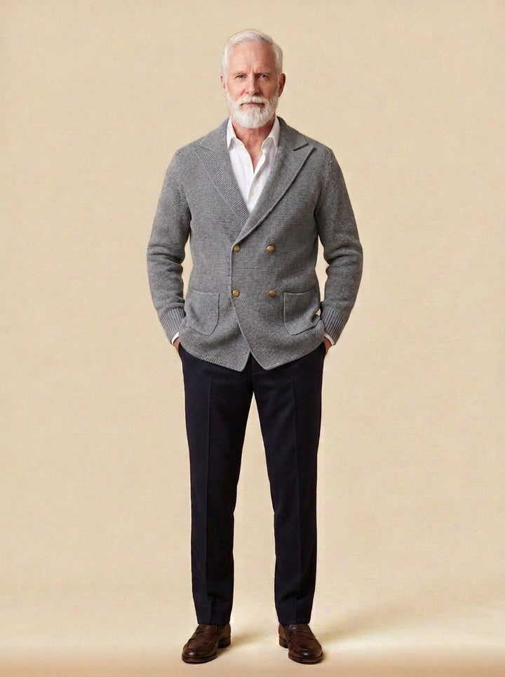 Fenton double breasted knit cardigan in Grey, studio, Gentlemens Manor