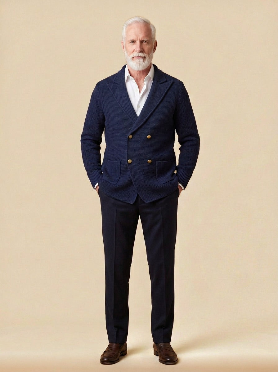 Fenton double breasted knit cardigan in Navy, studio, Gentlemens Manor