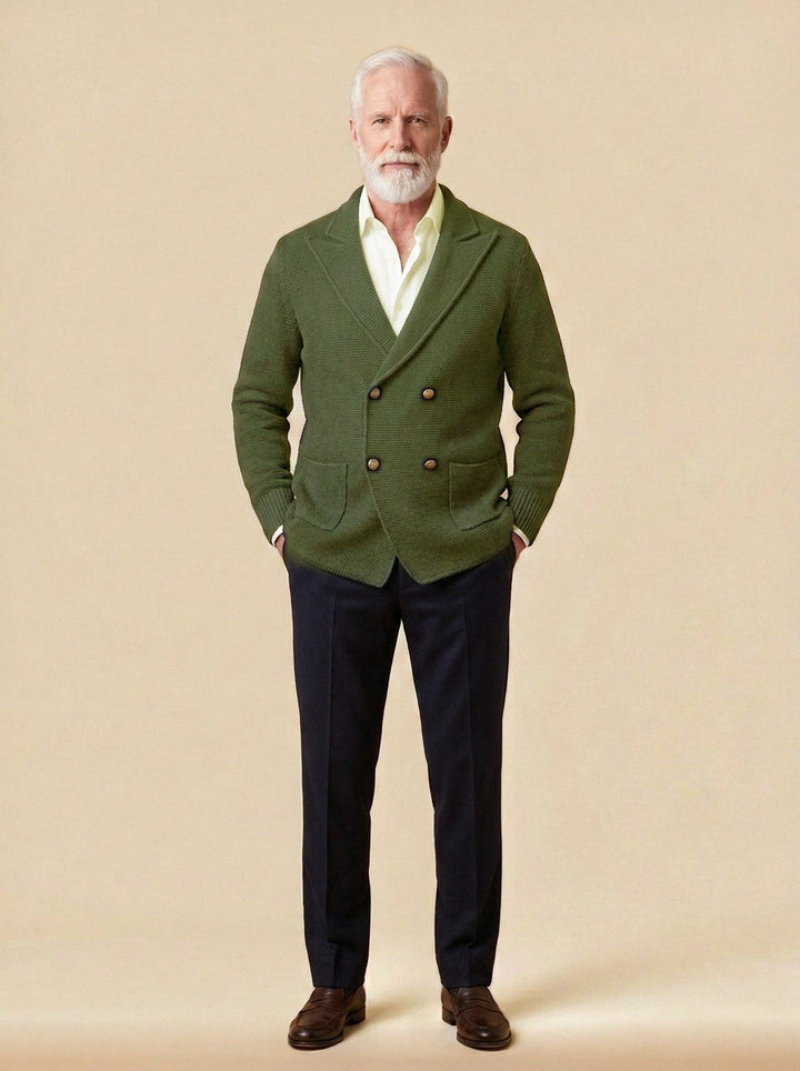 Fenton double breasted knit cardigan in Olive, studio, Gentlemens Manor