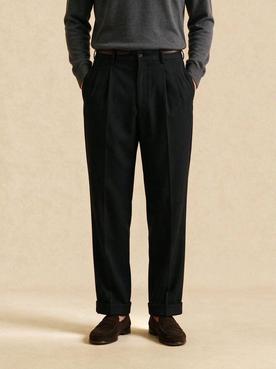 Fenwick pleated pants in Black, studio, Gentlemens Manor