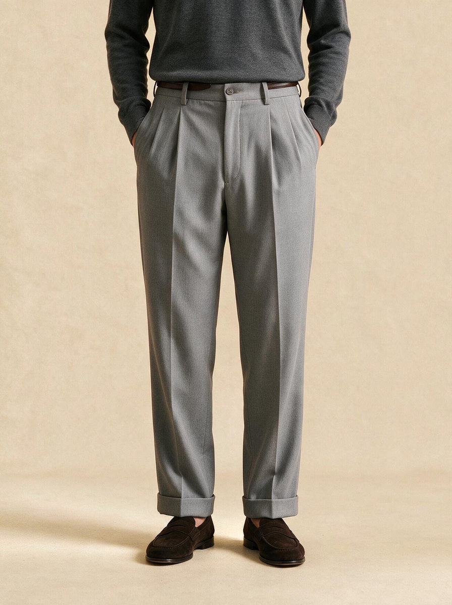 Fenwick pleated pants in Light Grey, studio, Gentlemens Manor