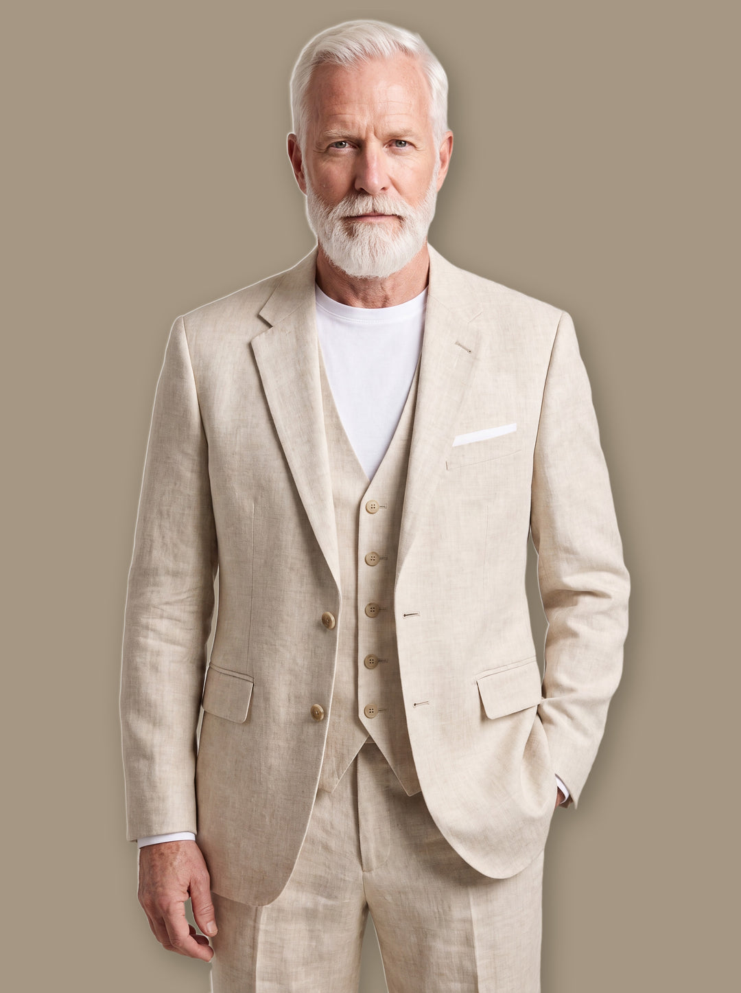 Ferdinand blazer suit in Beige, worn by a model on a warm taupe studio background - Gentlemens Manor