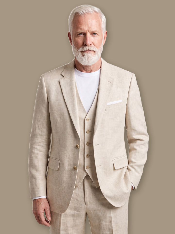 Ferdinand blazer suit in Beige, worn by a model on a warm taupe studio background - Gentlemens Manor