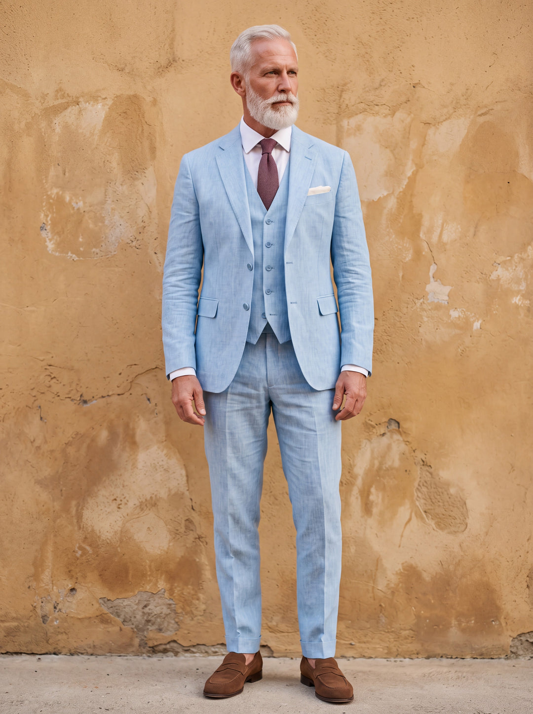 Ferdinand Men three-piece suit in blue, worn by a model in a Mediterranean setting - Gentlemens Manor lifestyle