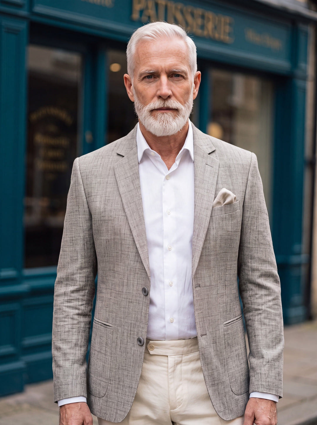 Fielding blazer in Grey, worn by a model in a Mediterranean setting - Gentlemens Manor lifestyle