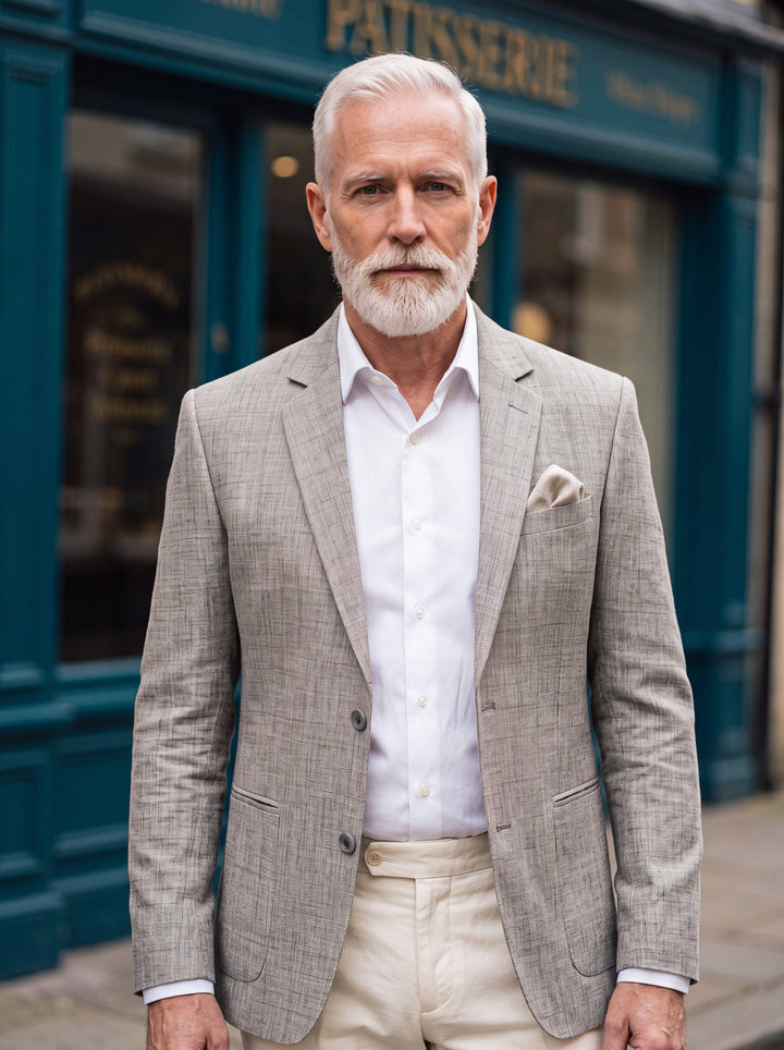 Fielding blazer in Grey, worn by a model in a Mediterranean setting - Gentlemens Manor lifestyle