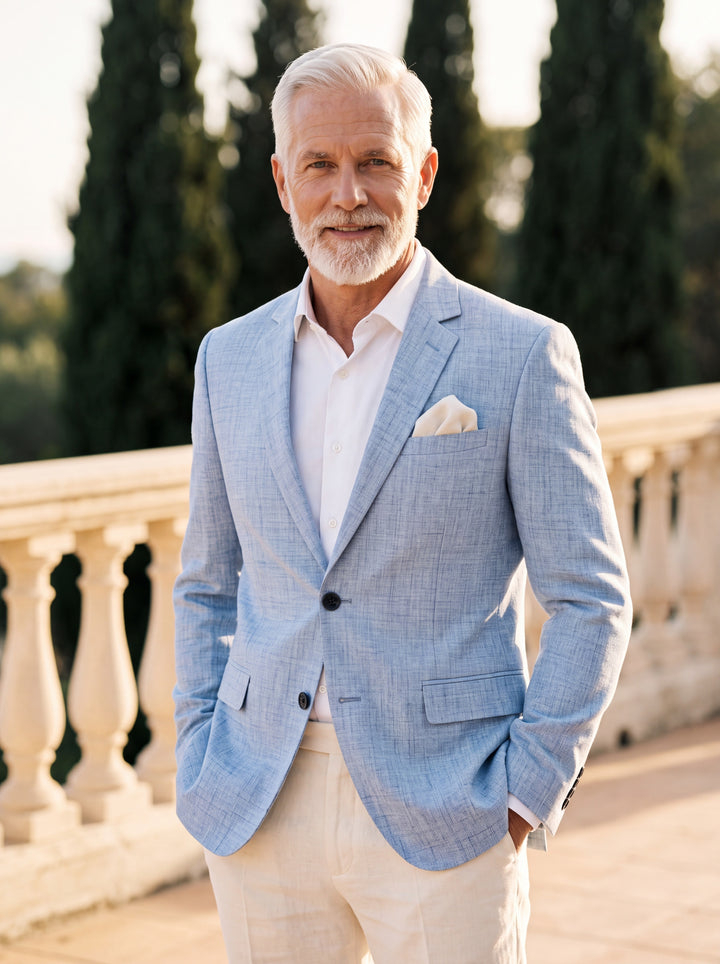 Fielding blazer in Light Blue, worn by a model in a Mediterranean setting - Gentlemens Manor lifestyle