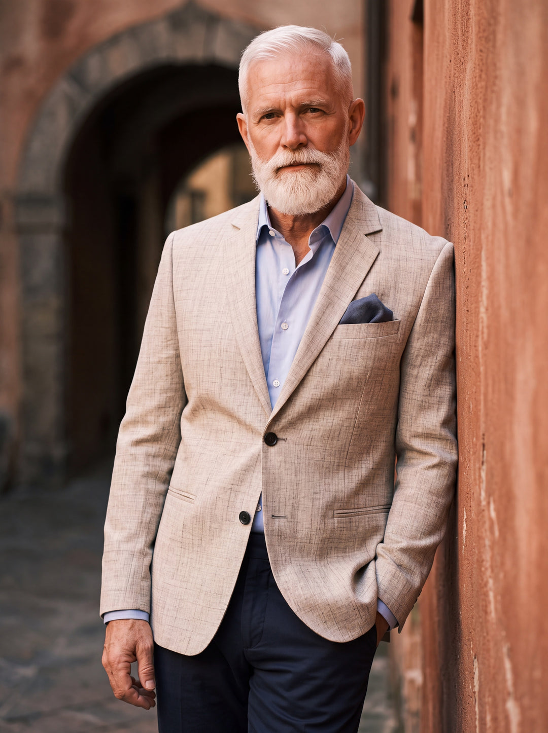 Fielding blazer in Sand, worn by a model in a Mediterranean setting - Gentlemens Manor lifestyle