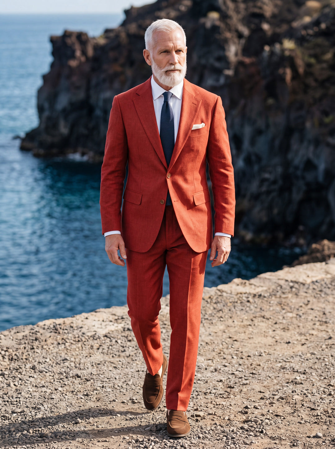 Fitzgerald Men two-piece suit in red, worn by a model in a Mediterranean setting - Gentlemens Manor lifestyle