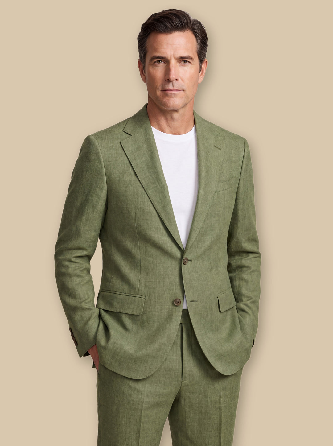 Fitzgerald two piece set in Olive, worn by a model on a warm sand studio background - Gentlemens Manor