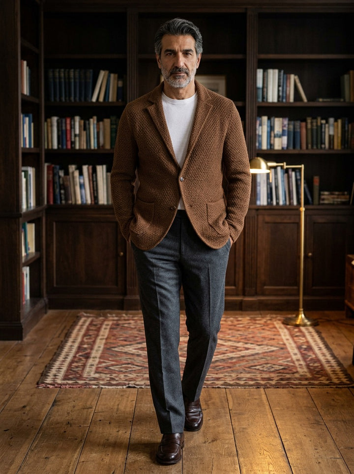 Fleming textured knit blazer in Brown, lifestyle in a private study, Gentlemens Manor