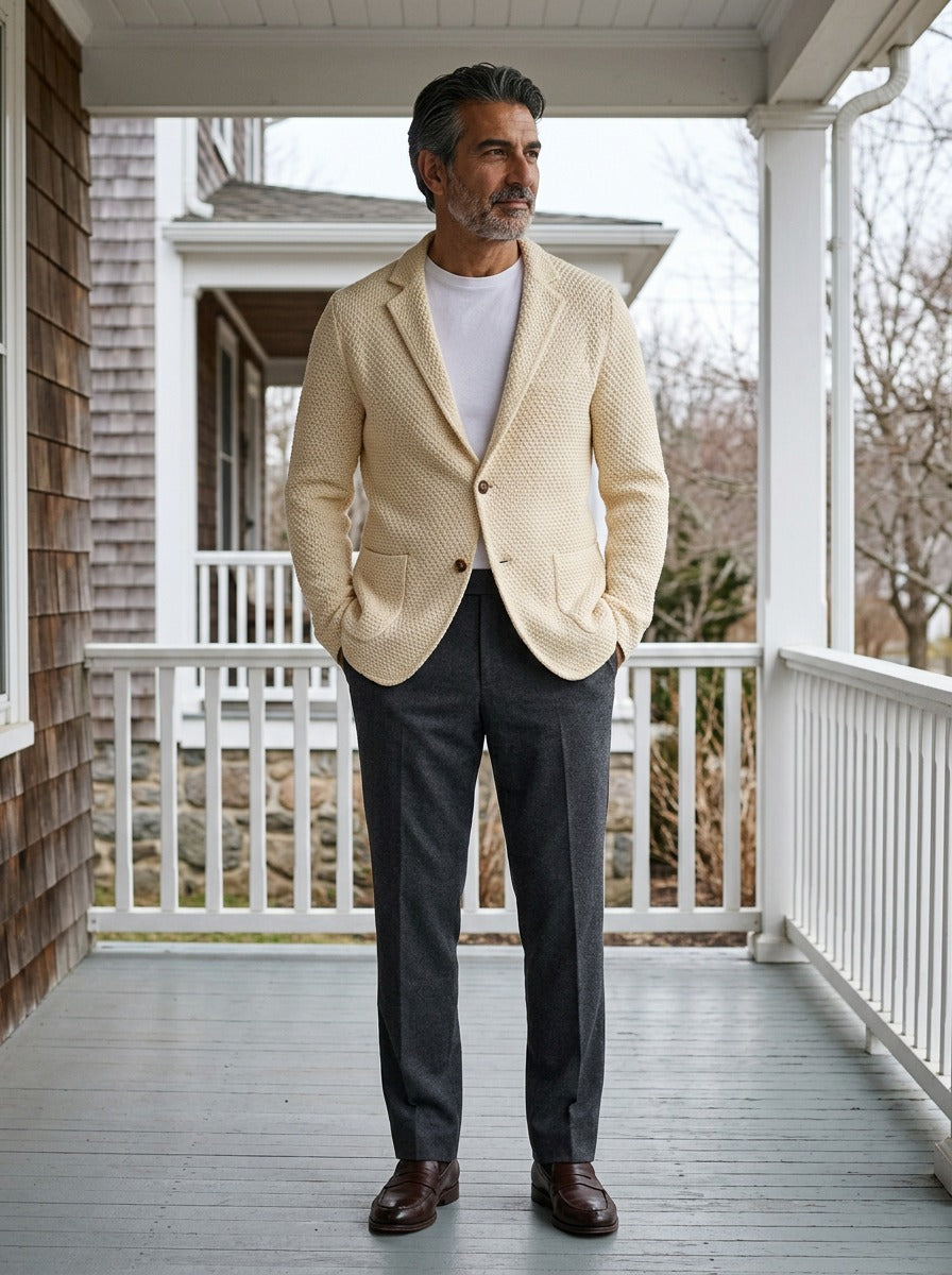 Fleming textured knit blazer in Cream, lifestyle on a covered porch, Gentlemens Manor