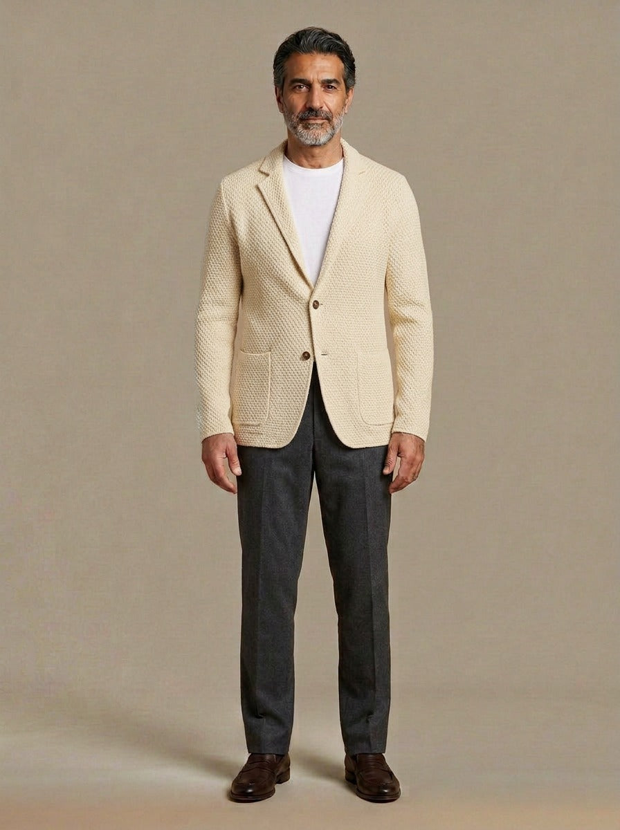 Fleming textured knit blazer in Cream, studio, Gentlemens Manor