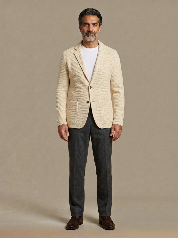 Fleming textured knit blazer in Cream, studio, Gentlemens Manor