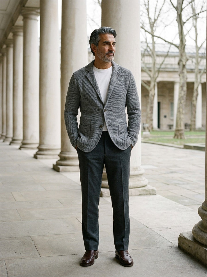 Fleming textured knit blazer in Grey, lifestyle in a stone colonnade, Gentlemens Manor