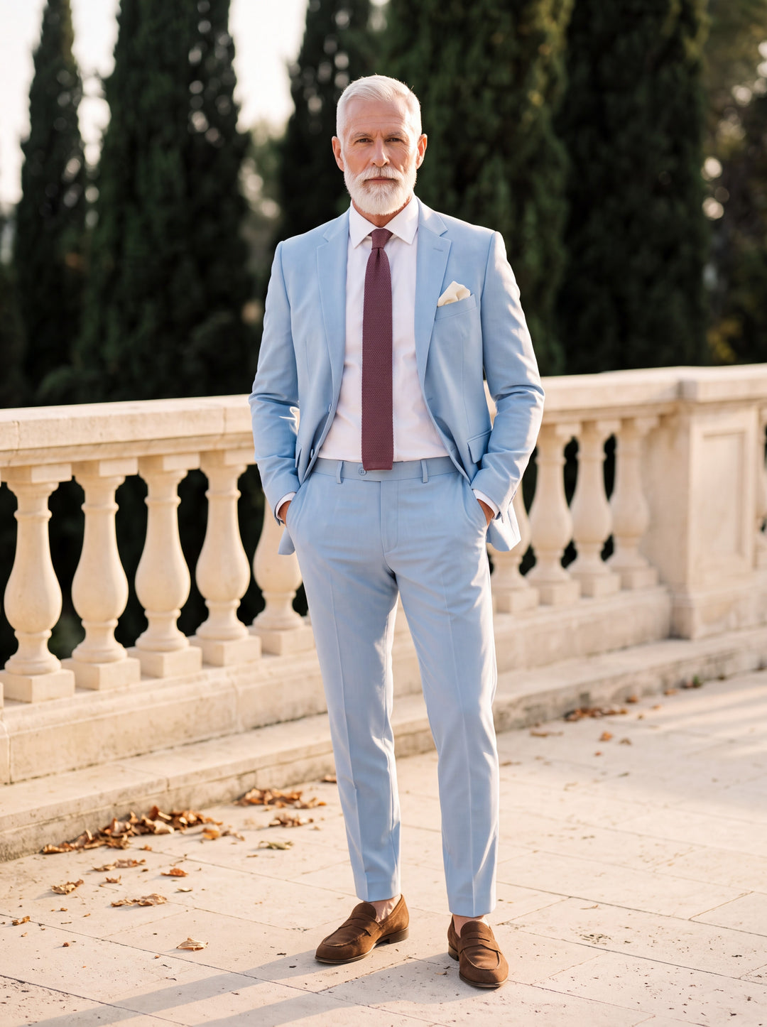 Fletcher Men two-piece suit in blue, worn by a model in a Mediterranean setting - Gentlemens Manor lifestyle