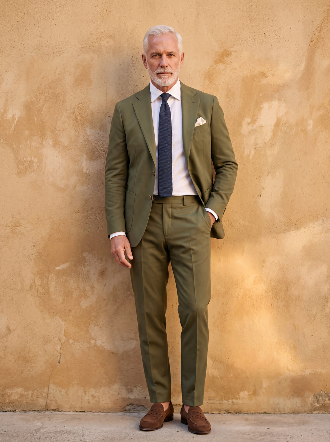 Fletcher Men two-piece suit in olive, worn by a model in a Mediterranean setting - Gentlemens Manor lifestyle